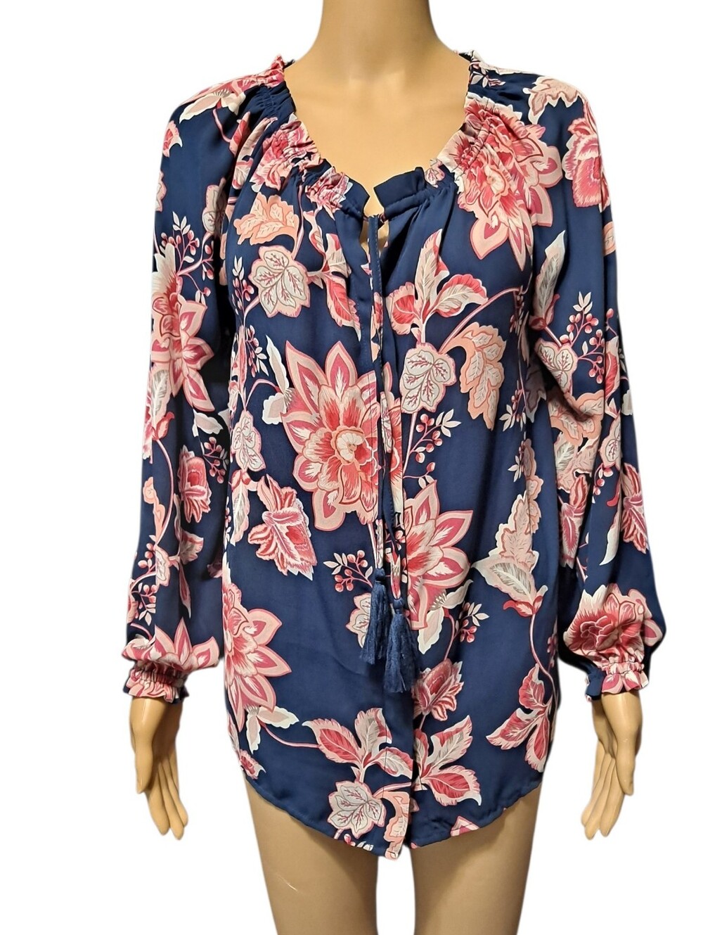 Finn & Grace Navy Floral Tie-Neck Flowy Blouse